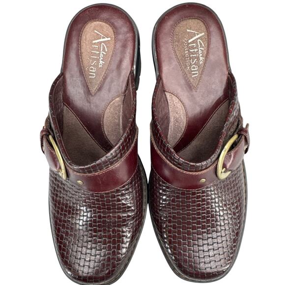 Clarks Artisan Burgundy Brown Woven Leather Buckle Slip On Clog Women 7 - Picture 6 of 8